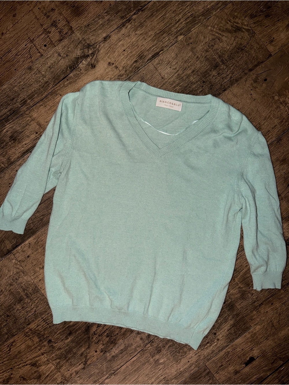 Bianco & Blu Cashmere Silk Blend V-Neck Knit 3/4 Sleeve Pullover Sweater M Blue